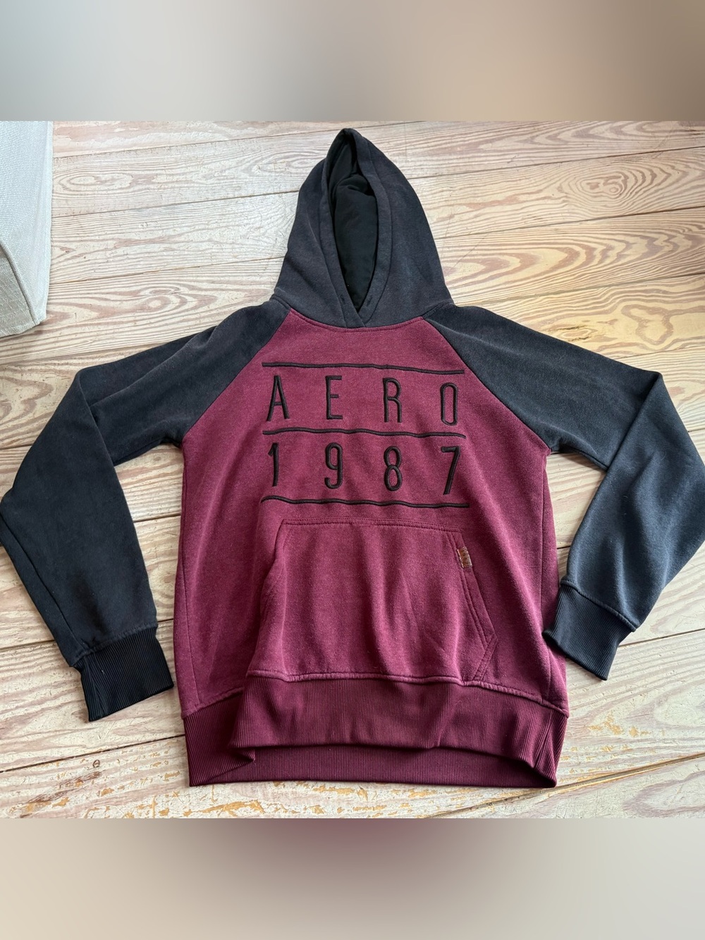 Aéropostale Aero 1987 Maroon and Black Hoodie Size M